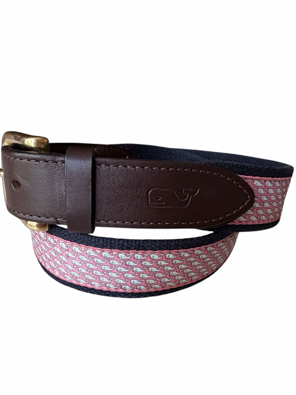 Vineyard Vines Navy Pink Iconic Whale Print Mens Belt with Brown Leather, 34